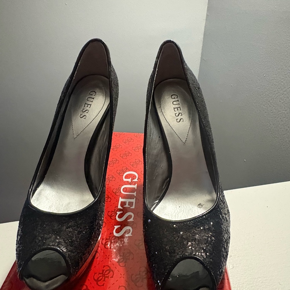 Guess Black Glitter Peep Toe Heels